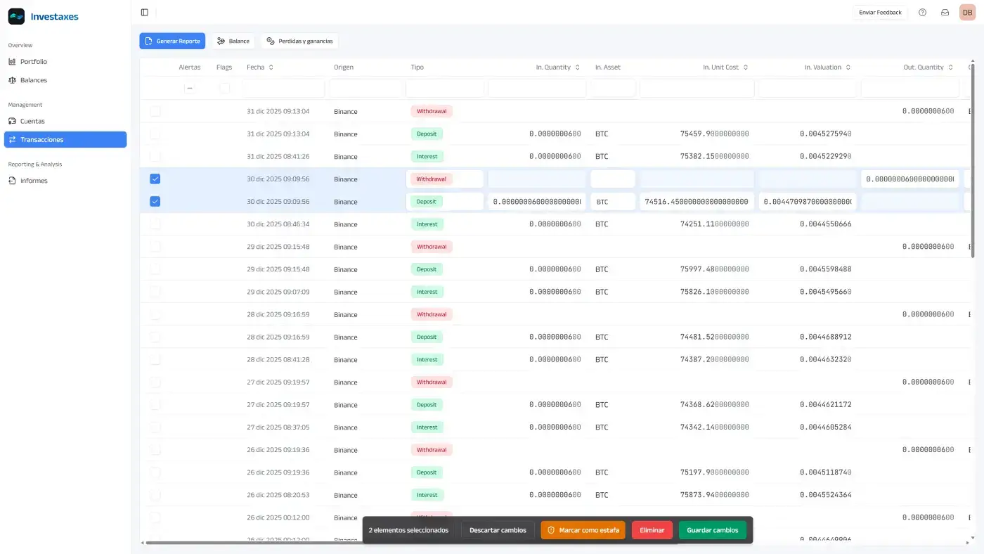 Panel de Investaxes: tabla de operaciones importadas de Binance con alertas, tipos Deposit y Withdrawal y columnas de cantidad, activo y coste para preparar la declaración.